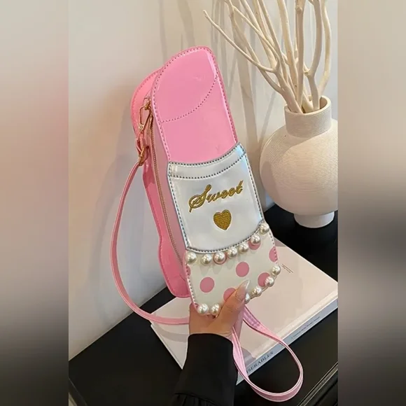 Pink and White Sweet Lipstick Handbag with Pearl Accents - Picture 1 of 3